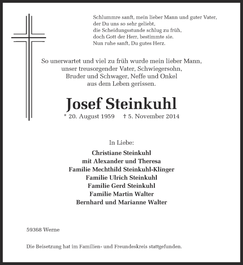  Traueranzeige für Josef Steinkuhl vom 11.11.2014 aus Ruhr Nachrichten