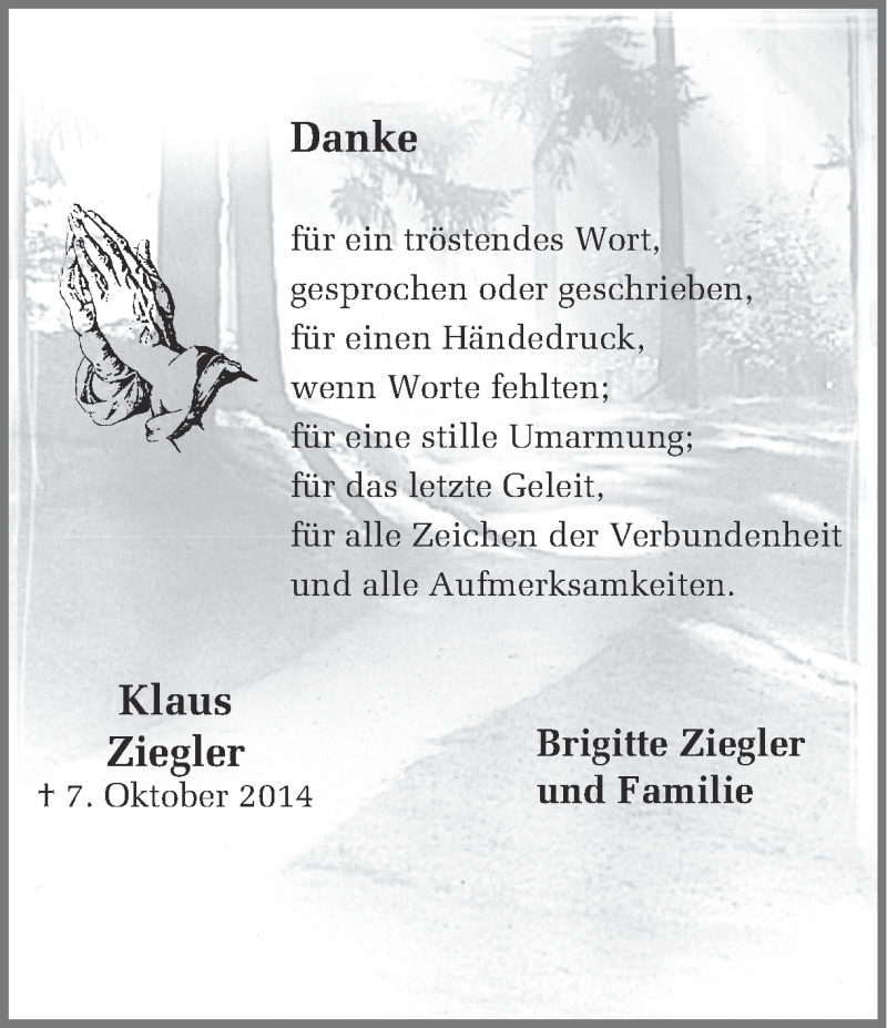  Traueranzeige für Klaus Ziegler vom 15.11.2014 aus 