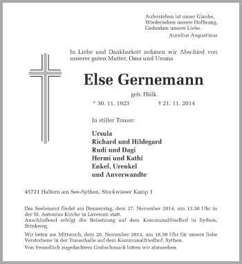 Traueranzeige von Else Gernemann von Ruhr Nachrichten und Halterner Zeitung