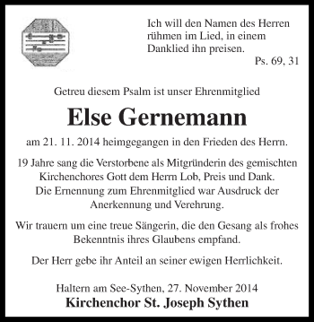 Traueranzeige von Else Gernemann von Ruhr Nachrichten und Halterner Zeitung