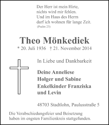 Traueranzeige von Theo Mönkediek von Münstersche Zeitung und Münsterland Zeitung