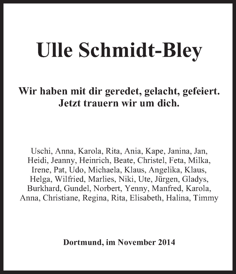  Traueranzeige für Ulle Schmidt-Bley vom 05.12.2014 aus Ruhr Nachrichten