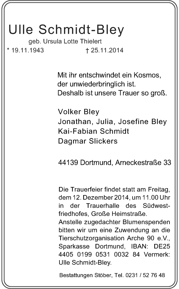  Traueranzeige für Ulle Schmidt-Bley vom 05.12.2014 aus Ruhr Nachrichten