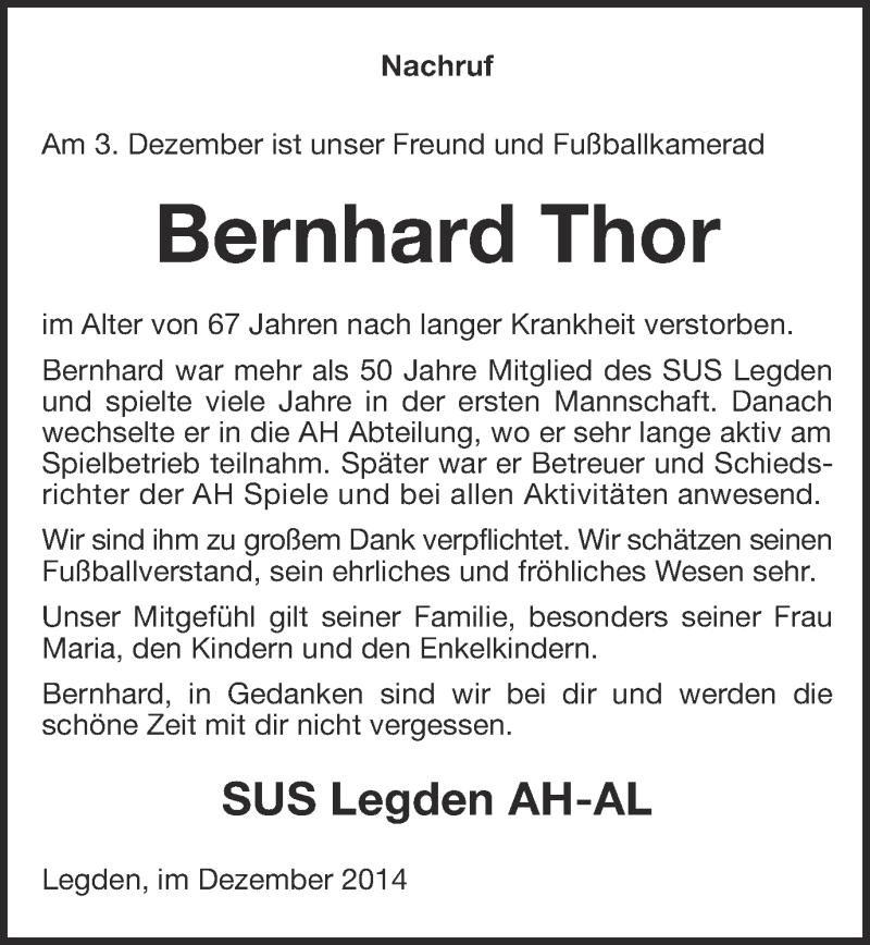  Traueranzeige für Bernhard Thor vom 06.12.2014 aus Münstersche Zeitung und Münsterland Zeitung