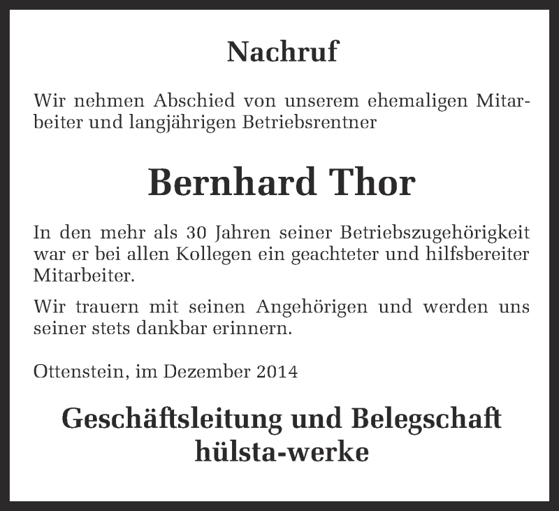  Traueranzeige für Bernhard Thor vom 08.12.2014 aus Münstersche Zeitung und Münsterland Zeitung