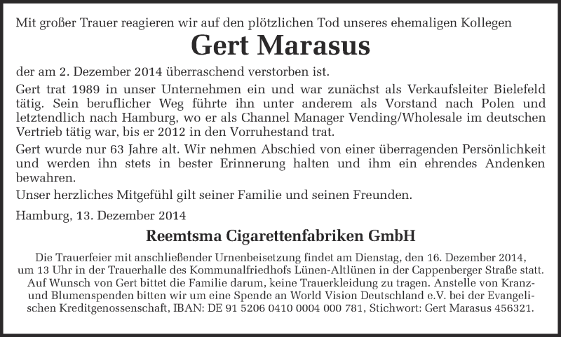  Traueranzeige für Gert Marasus vom 13.12.2014 aus Ruhr Nachrichten