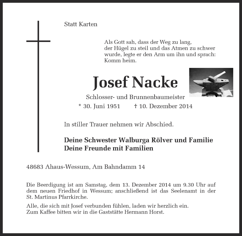  Traueranzeige für Josef Nacke vom 12.12.2014 aus 