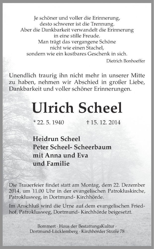  Traueranzeige für Ulrich Scheel vom 20.12.2014 aus Ruhr Nachrichten