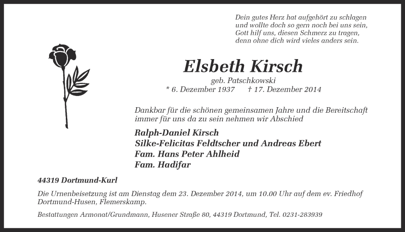  Traueranzeige für Elsbeth Kirsch vom 20.12.2014 aus Ruhr Nachrichten