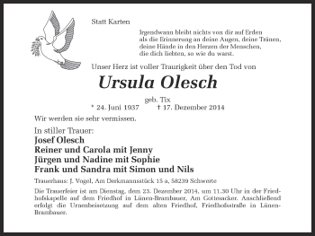 Traueranzeige von Ursula Olesch von Ruhr Nachrichten