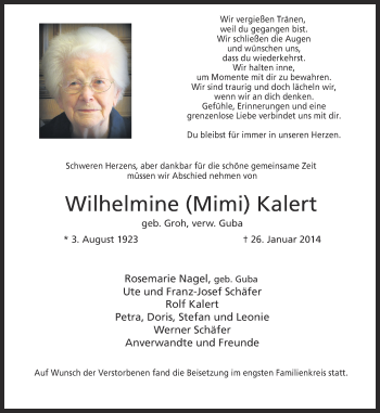 Traueranzeige von Wilhelmine Kalert von Ruhr Nachrichten