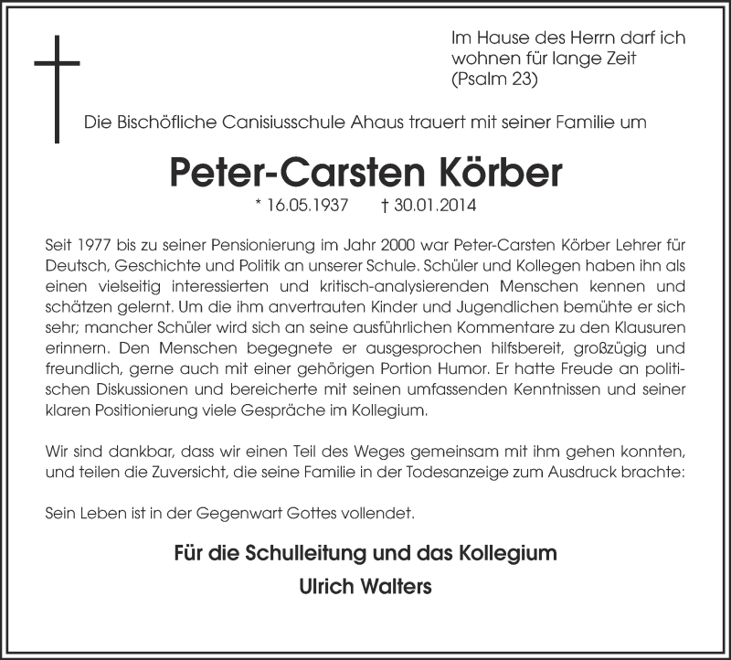  Traueranzeige für Peter-Carsten Körber vom 06.02.2014 aus Münstersche Zeitung und Münsterland Zeitung
