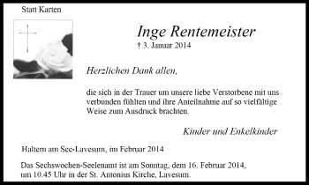 Traueranzeige von Inge Rentemeister von Ruhr Nachrichten und Halterner Zeitung