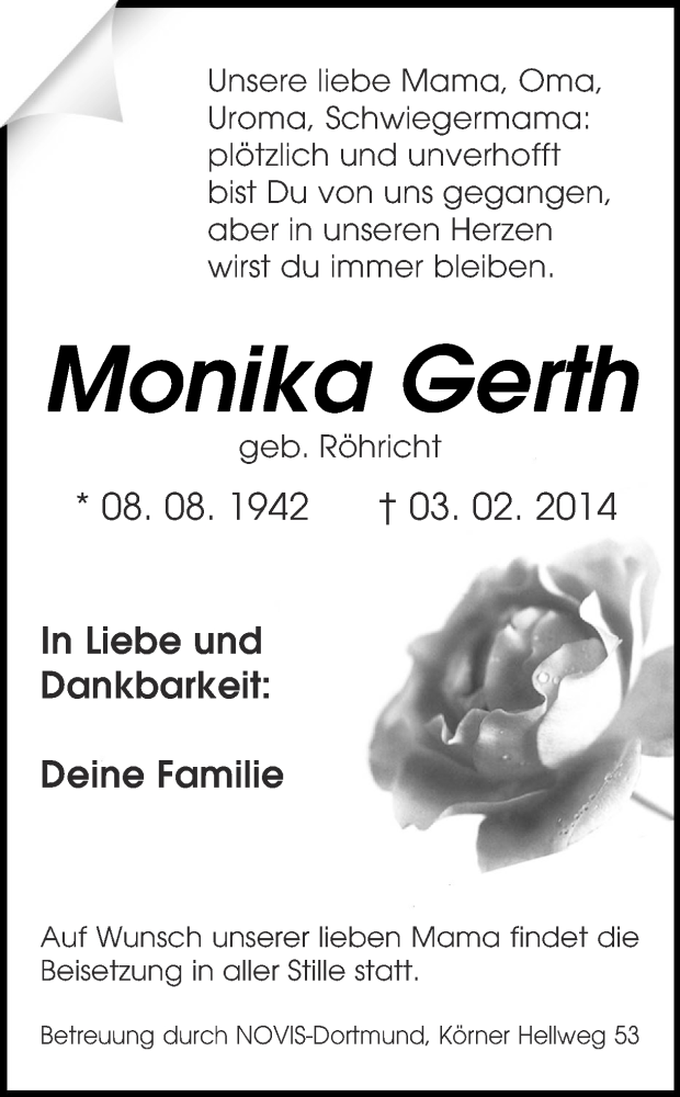 Traueranzeige für Monika Gerth vom 08.02.2014 aus Ruhr Nachrichten