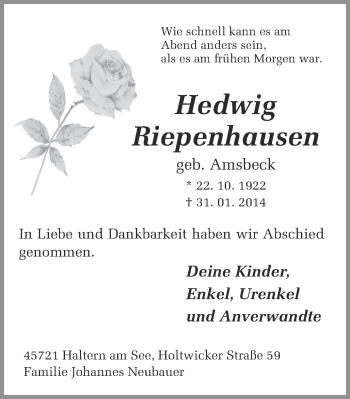 Traueranzeige von Hedwig Riepenhausen von Ruhr Nachrichten und Halterner Zeitung