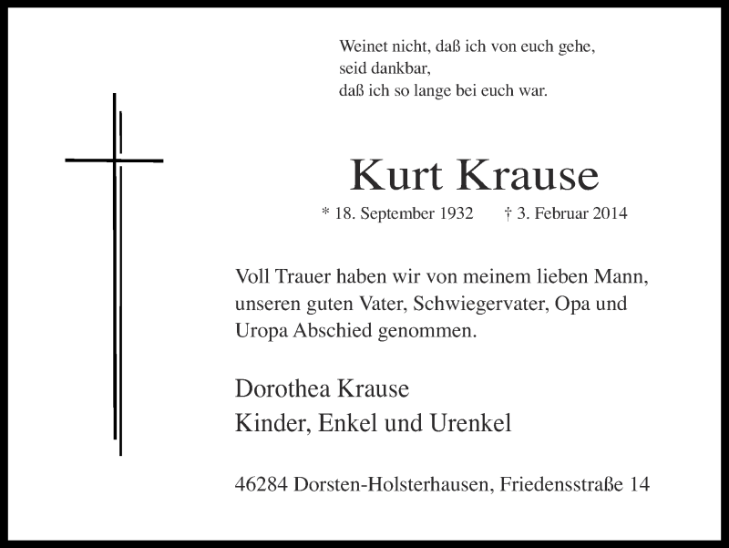  Traueranzeige für Kurt Krause vom 08.02.2014 aus Ruhr Nachrichten und Dorstener Zeitung