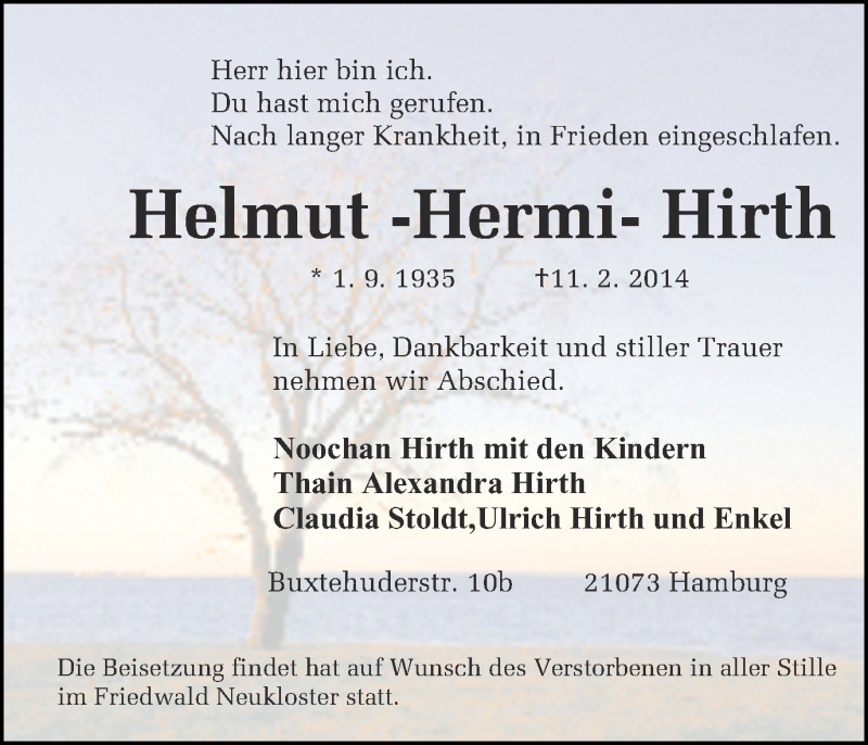  Traueranzeige für Helmut Hirth vom 15.02.2014 aus Ruhr Nachrichten und Dorstener Zeitung