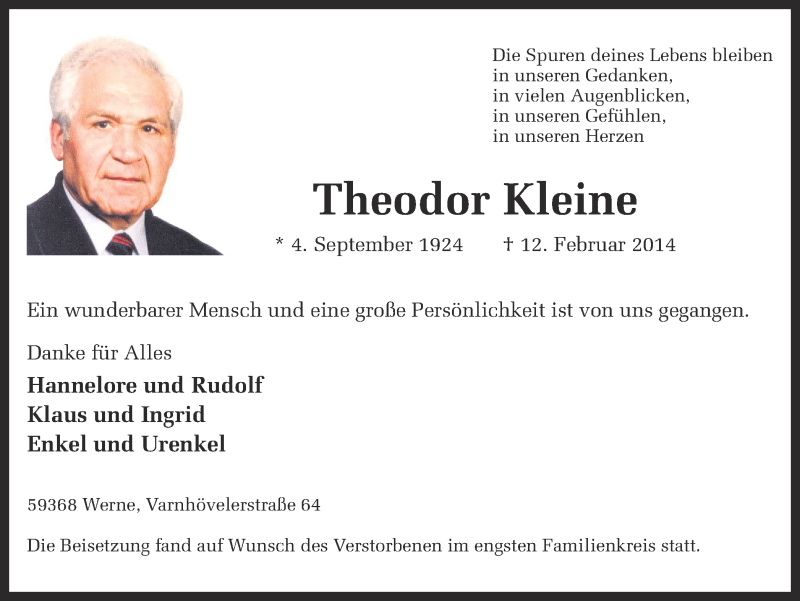  Traueranzeige für Theodor Kleine vom 26.02.2014 aus Ruhr Nachrichten