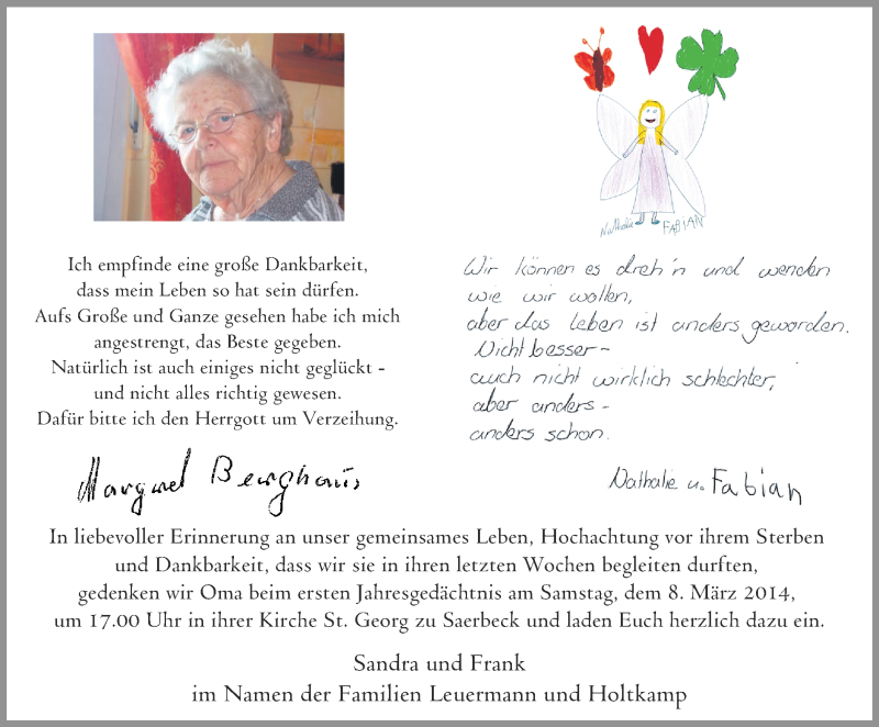  Traueranzeige für Margret Berghaus vom 28.02.2014 aus Münstersche Zeitung und Grevener Zeitung