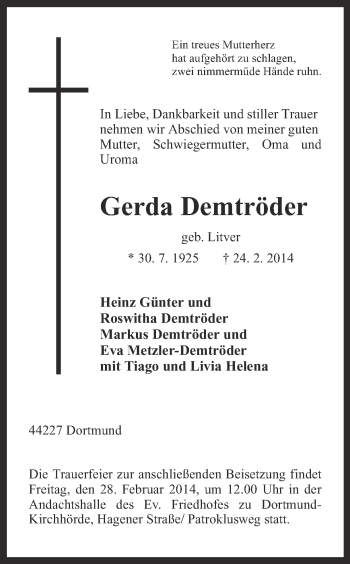 Traueranzeige von Gerda Demtröder von Ruhr Nachrichten