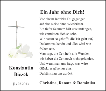 Traueranzeige von Konstantin Biczek von Ruhr Nachrichten