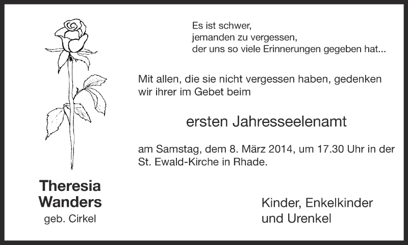  Traueranzeige für Theresia Wanders vom 05.03.2014 aus Ruhr Nachrichten und Dorstener Zeitung