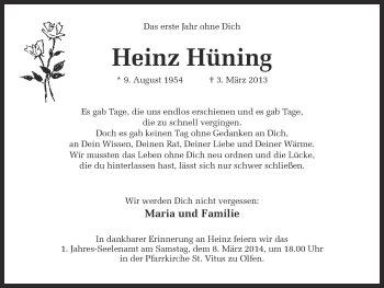 Traueranzeige von Heinz Hüning von Ruhr Nachrichten