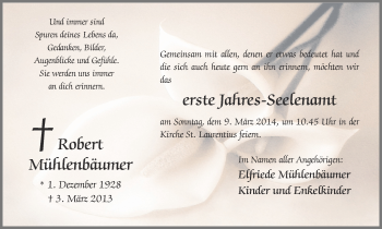 Traueranzeige von Robert Mühlenbäumer von Ruhr Nachrichten und Halterner Zeitung