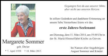 Traueranzeige von Margarete Sommer von Münstersche Zeitung und Grevener Zeitung