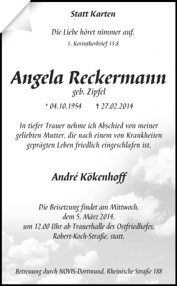 Traueranzeige von Angela Reckermann von Ruhr Nachrichten
