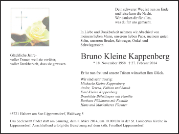 Traueranzeige von Bruno Kleine Kappenberg von Ruhr Nachrichten und Halterner Zeitung