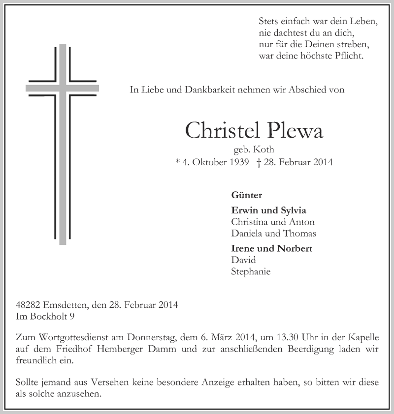 Traueranzeige für Christel Plewa vom 04.03.2014 aus 