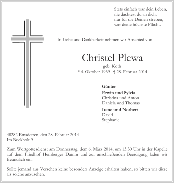 Traueranzeige von Christel Plewa 