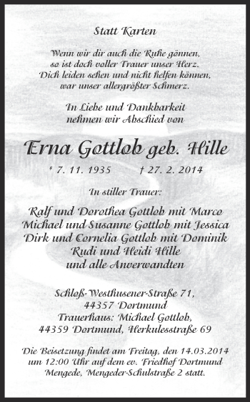 Traueranzeige von Erna Gottlob von Ruhr Nachrichten