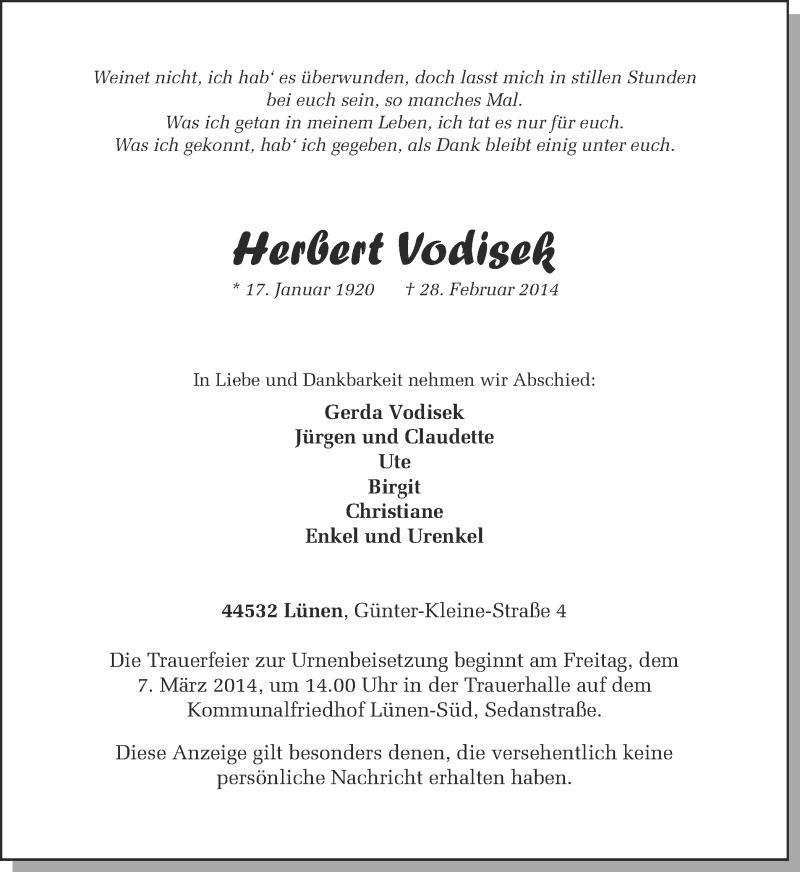  Traueranzeige für Herbert Vodisek vom 04.03.2014 aus Ruhr Nachrichten
