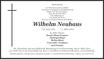 Traueranzeige von Wilhelm Neuhaus von Ruhr Nachrichten