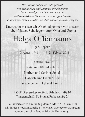 Traueranzeige von Helga Offermanns von Münstersche Zeitung und Grevener Zeitung