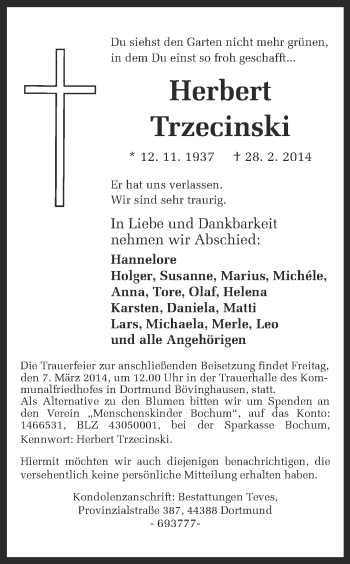 Traueranzeige von Herbert Trzecinski von Ruhr Nachrichten