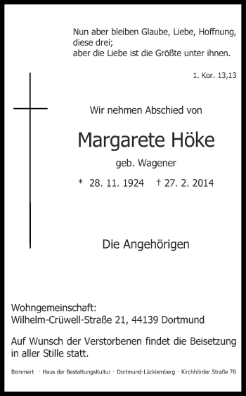 Traueranzeige von Margarete Höke von Ruhr Nachrichten