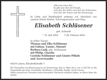 Traueranzeige von Elisabeth Schlüsener von Ruhr Nachrichten