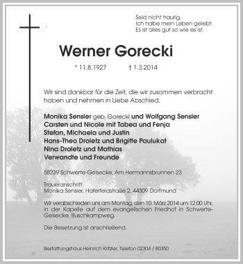 Traueranzeige von Werner Gorecki von Ruhr Nachrichten
