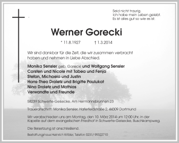 Traueranzeige von Werner Gorecki von Ruhr Nachrichten