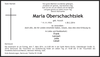 Traueranzeige von Maria Oberschachtsiek von Ruhr Nachrichten