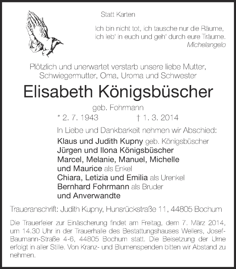 Traueranzeige für Elisabeth Königsbüscher vom 05.03.2014 aus Ruhr Nachrichten