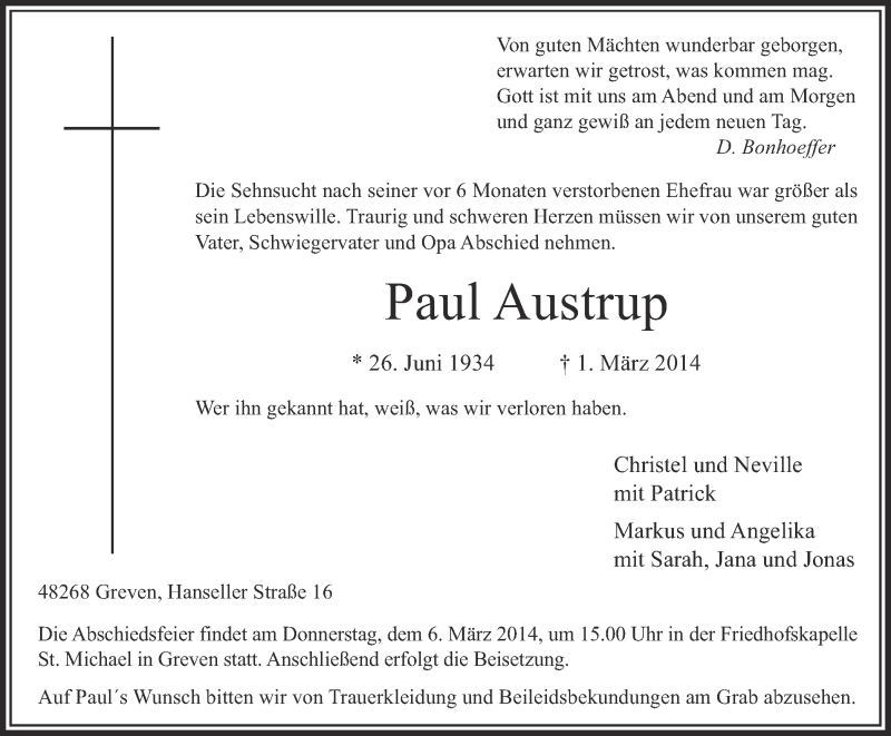  Traueranzeige für Paul Austrup vom 05.03.2014 aus Münstersche Zeitung und Grevener Zeitung