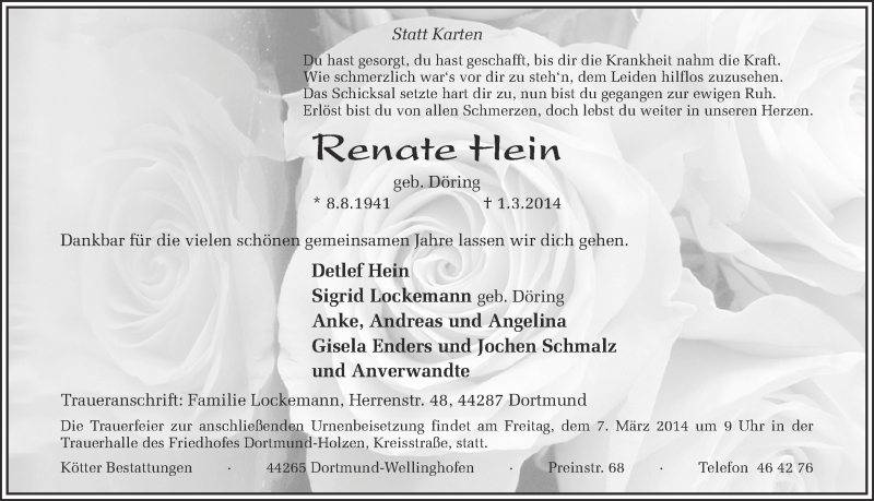  Traueranzeige für Renate Hein vom 05.03.2014 aus Ruhr Nachrichten