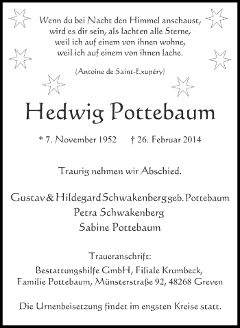 Traueranzeige von Hedwig Pottebaum von Münstersche Zeitung und Grevener Zeitung