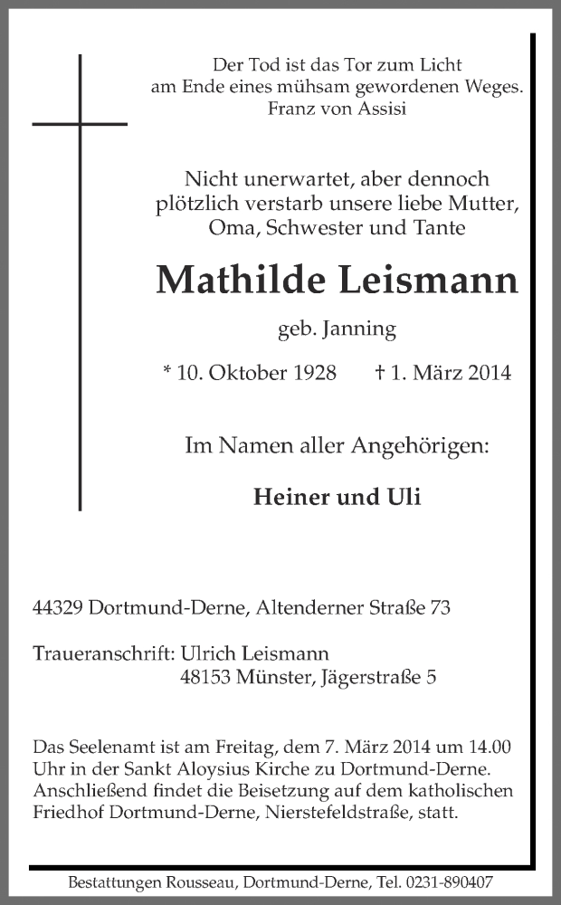  Traueranzeige für Mathilde Leismann vom 05.03.2014 aus Ruhr Nachrichten
