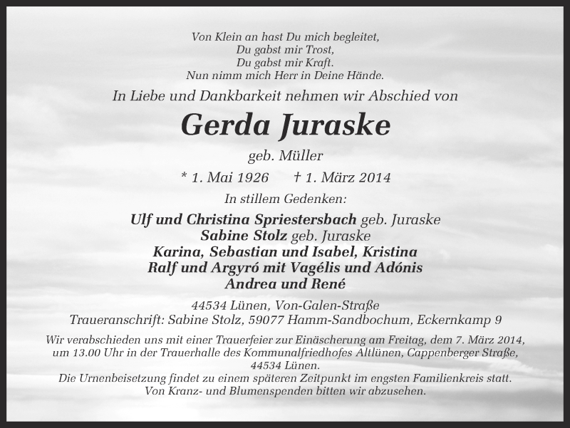  Traueranzeige für Gerda Juraske vom 05.03.2014 aus Ruhr Nachrichten