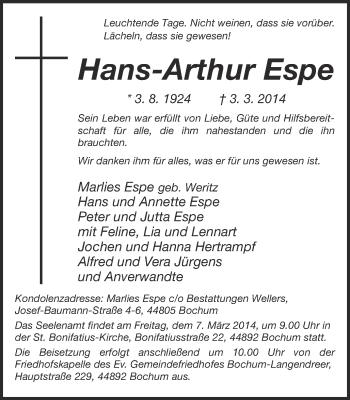 Traueranzeige von Hans-Arthur Espe von Ruhr Nachrichten